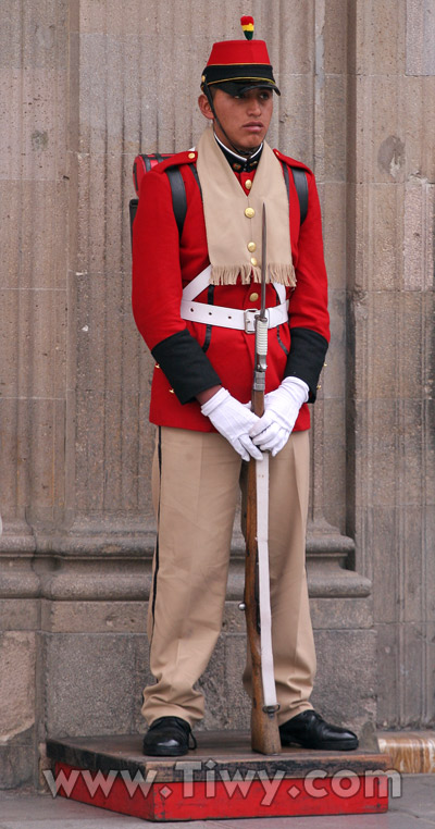 Soldier from battalion Colorados carry the guard of honour near the presidential palace «Palacio Quemado»