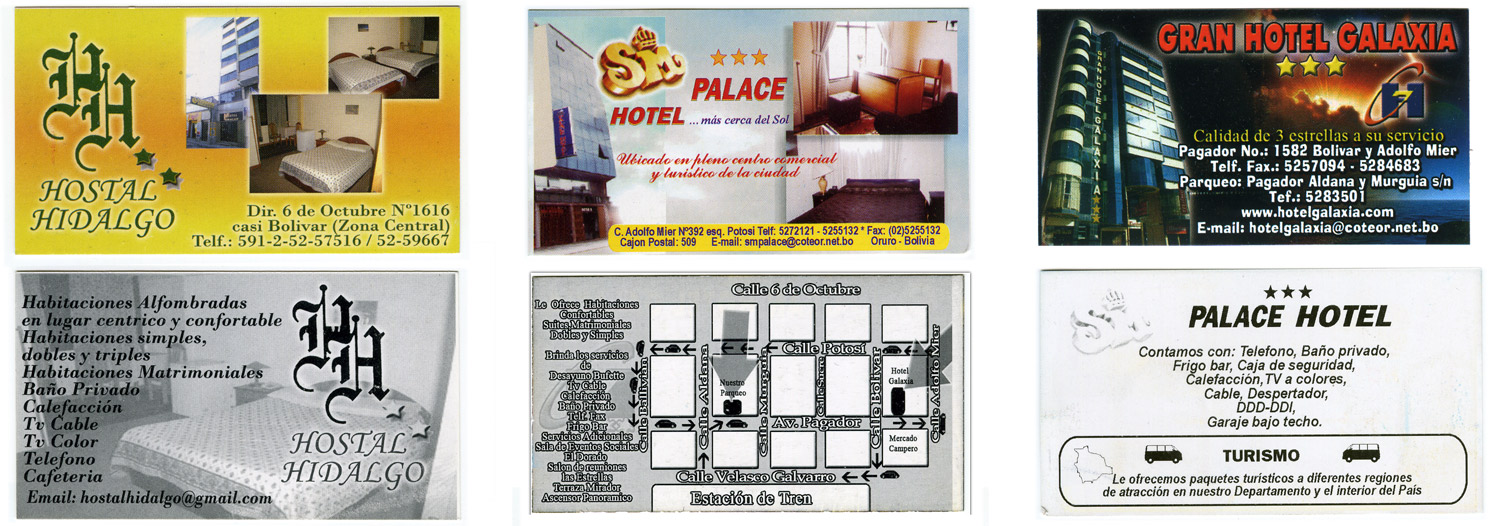 Visiting card of some hotels in Oruro