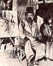 Армандо в своей мастерской в Кастильете. Рядом с ним - один из многочисленных автопортретов периода 'сепии'
