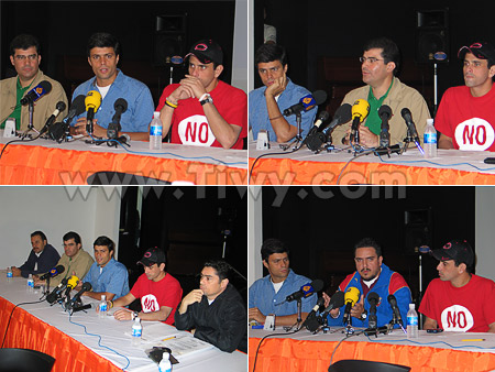 Top left: Leopoldo Lopez making a speech, top right:Luis Ignacio Planas making a speech, bottom right: Stalin Gonzalez making a speech