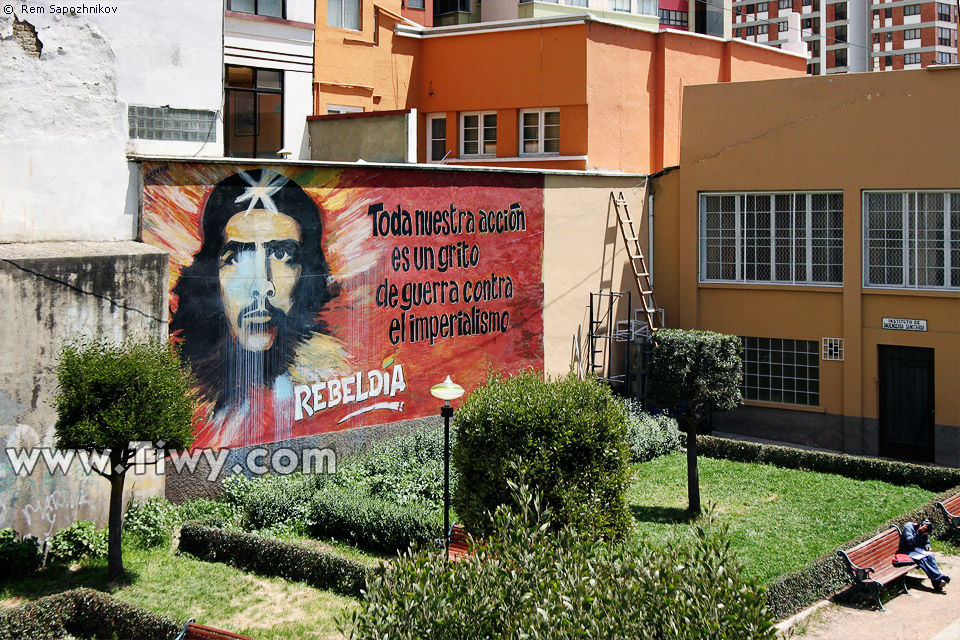 El retrato de Ernesto Che Guevara en la pared del jardín universitario