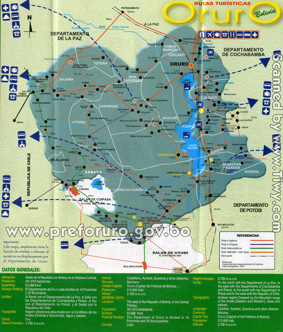 Карта маршрутов департамента Оруро, Боливия