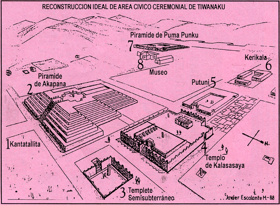 Mini esquema de todo el complejo de Tiwanaku en el reverso de los billetes de entrada