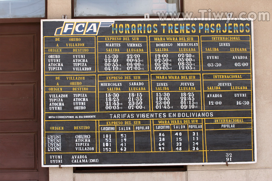 Bolivia train schedule. Expreso del Sur.