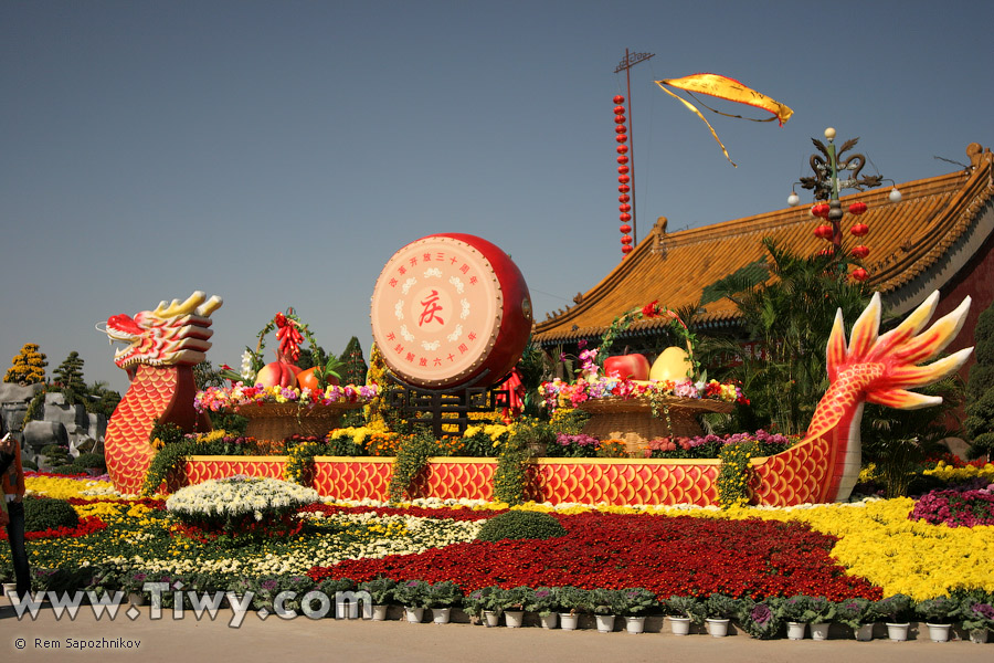 Dragon is floating on the sea of flowers