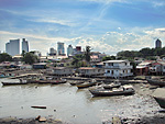 At the curb of skyscraper-mirror-ostentatious existence of Panama-city