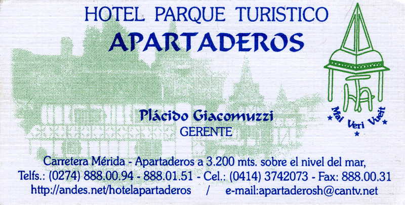 Tarjeta del Hotel Parque Turistico Apartaderos